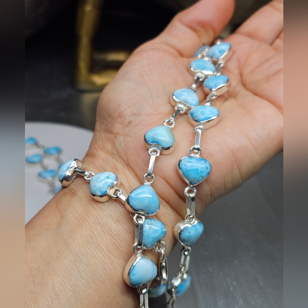 NEW Heart-shaped 925 SS Larimar gem stone bracelet